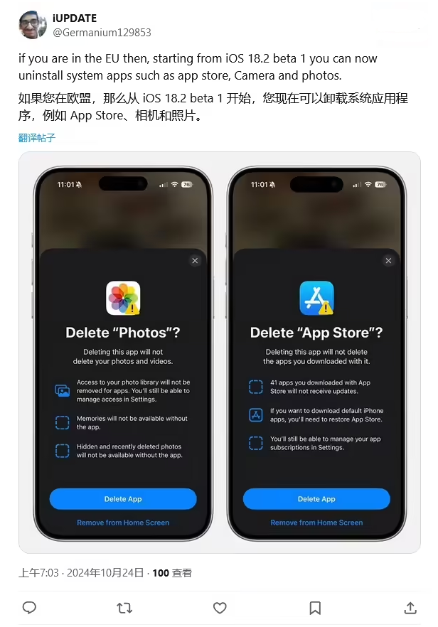 襄阳苹果手机维修分享iOS 18.2 支持删除 App Store 应用商店 